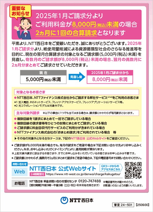 NTT西日本の電話料金請求書に同封の冊子「ハローインフォメーション」第156号のページ見本1