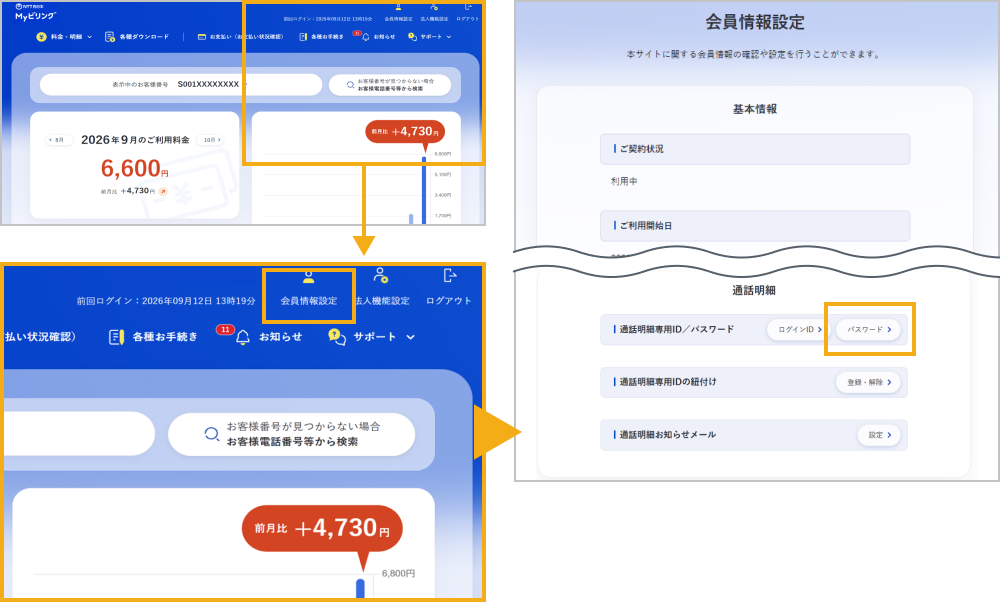 通話明細専用IDのパスワード変更画面へ遷移